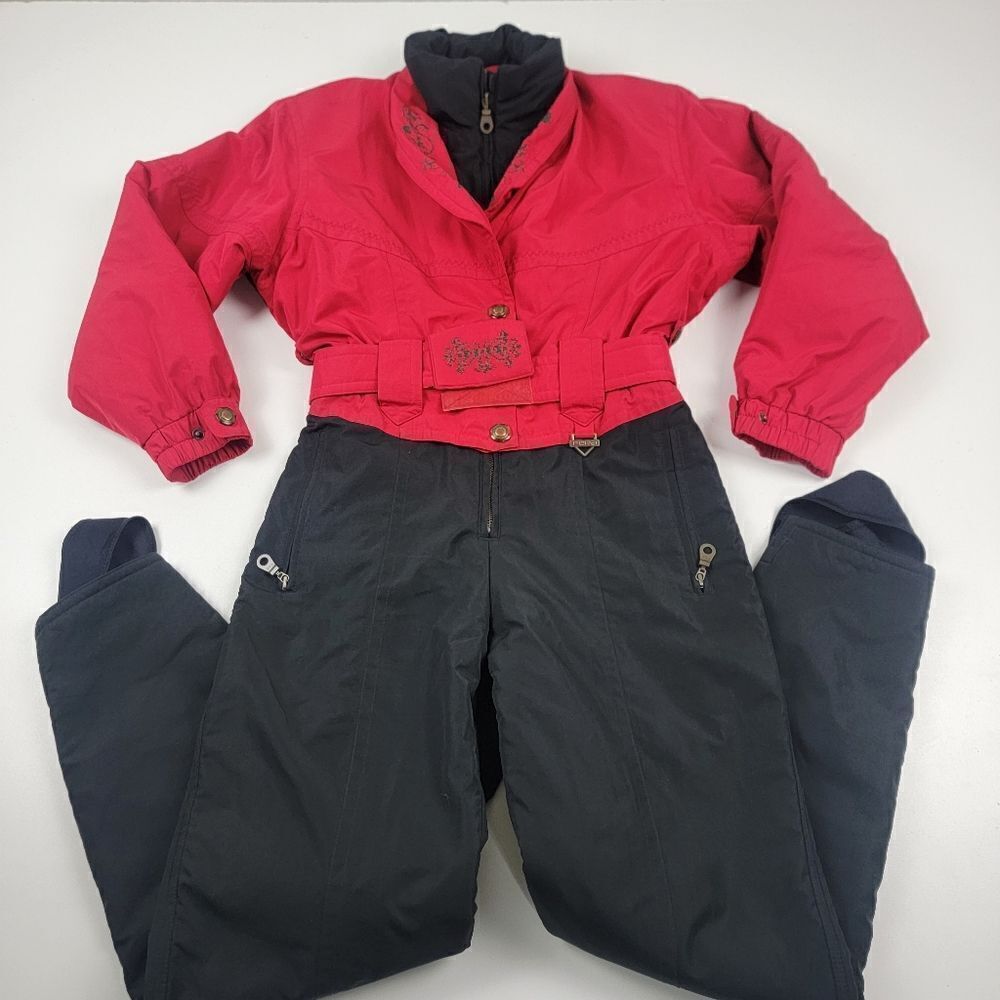 Vtg Ski Suit Womens One Piece Snowsuit  Snow Bib Apres Retro 80s 90s sz 8 Winter